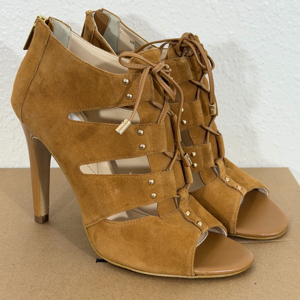 Isola cognac suede, lace-up peep-toe booties. High Heel Back Zipper Size 8.5